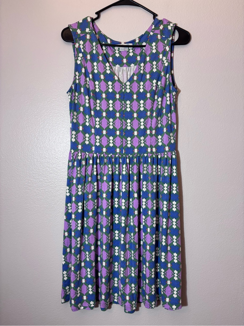 Boden Sleeveless Geometric Dress in Purple, Green and White